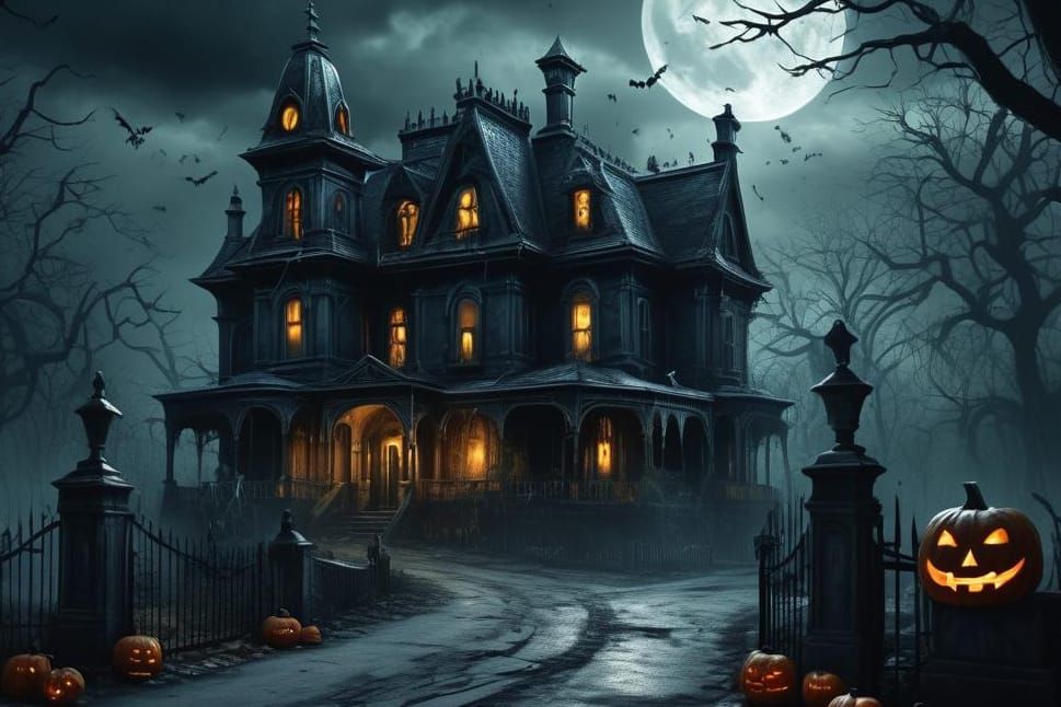 Decaying Victorian House with Sinister Jack-O'-Lanterns
