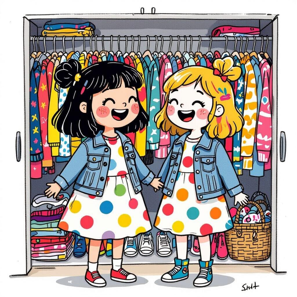 Cartoon Dress and Denim Jacket Chatting in Whimsical Style