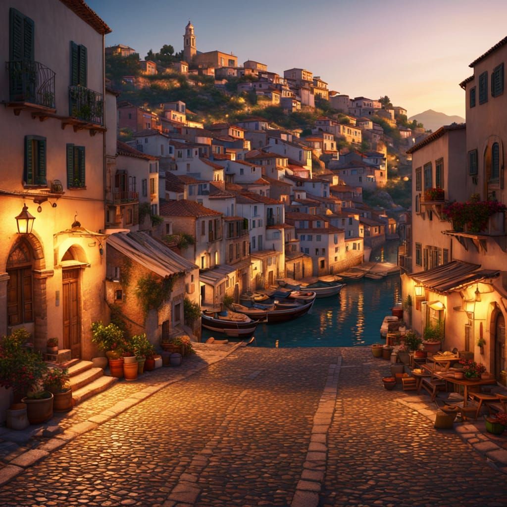 Mediterranean Town at Night in Game Art Style
