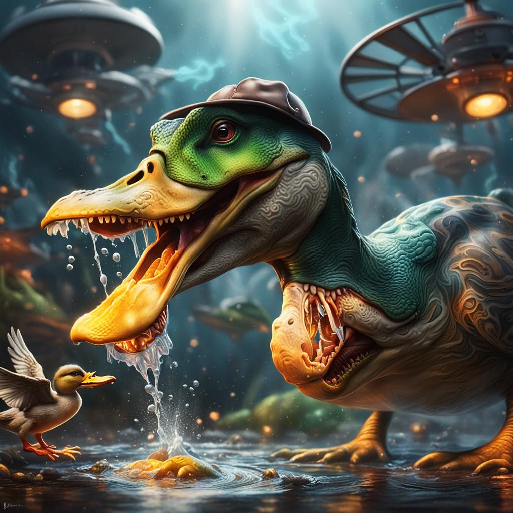 Duck Eats T-Rex in Hyperrealistic Splash Art