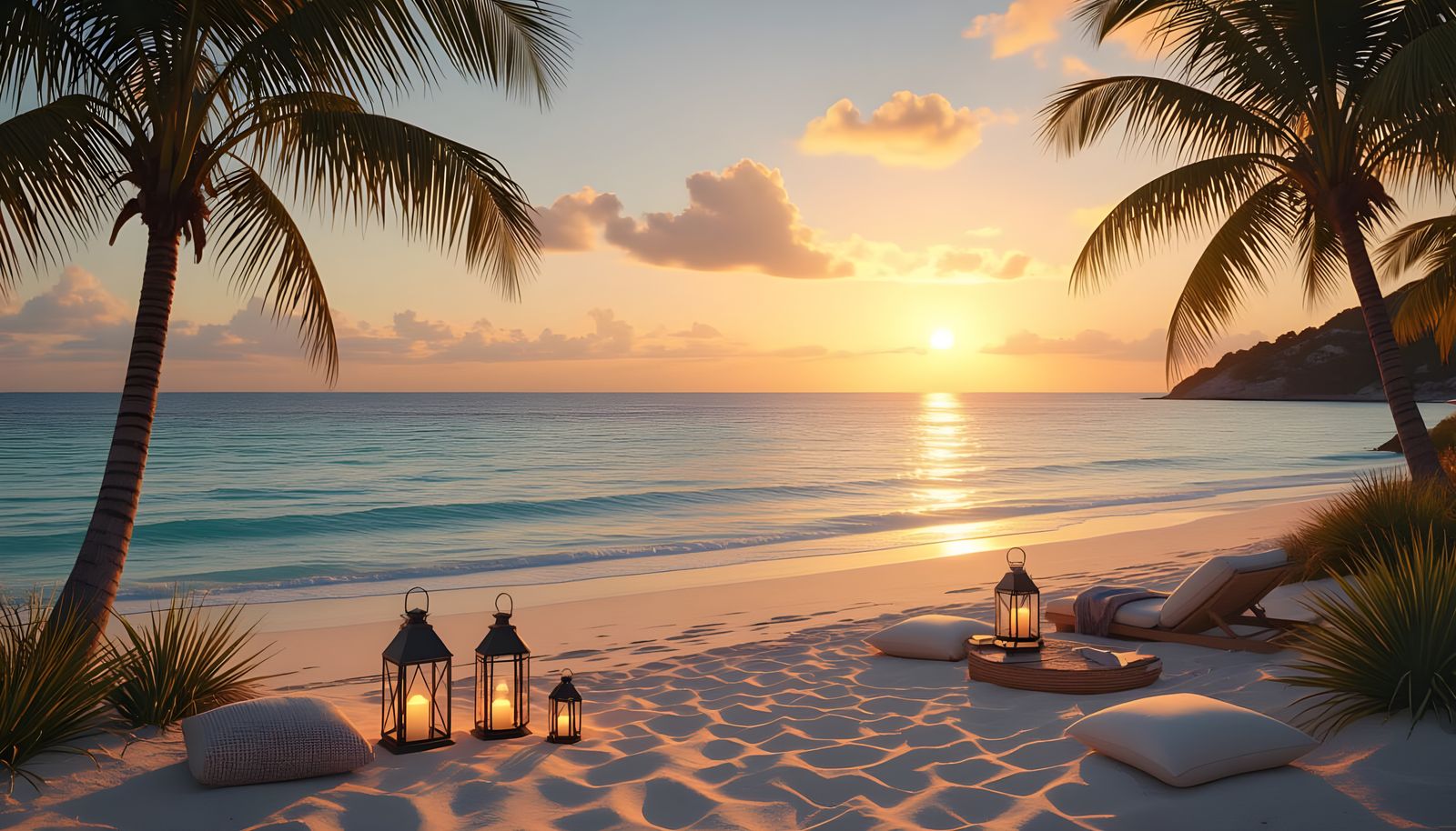 Boho Beach Sunset with Lanterns in Pastel Colors