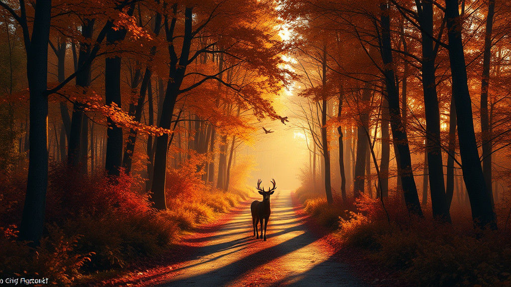 Autumn Forest Path with Deer, Fantasy Art