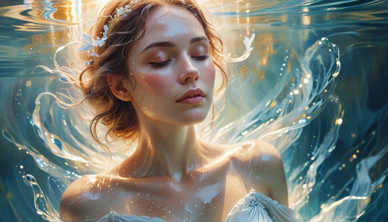 Angelic Woman Above Pool in Watercolor Style