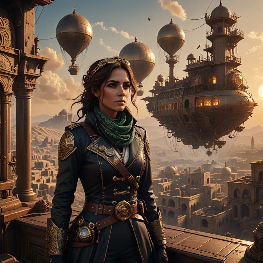 Palestinian Steampunk Airship Captain in Sunset Ruins