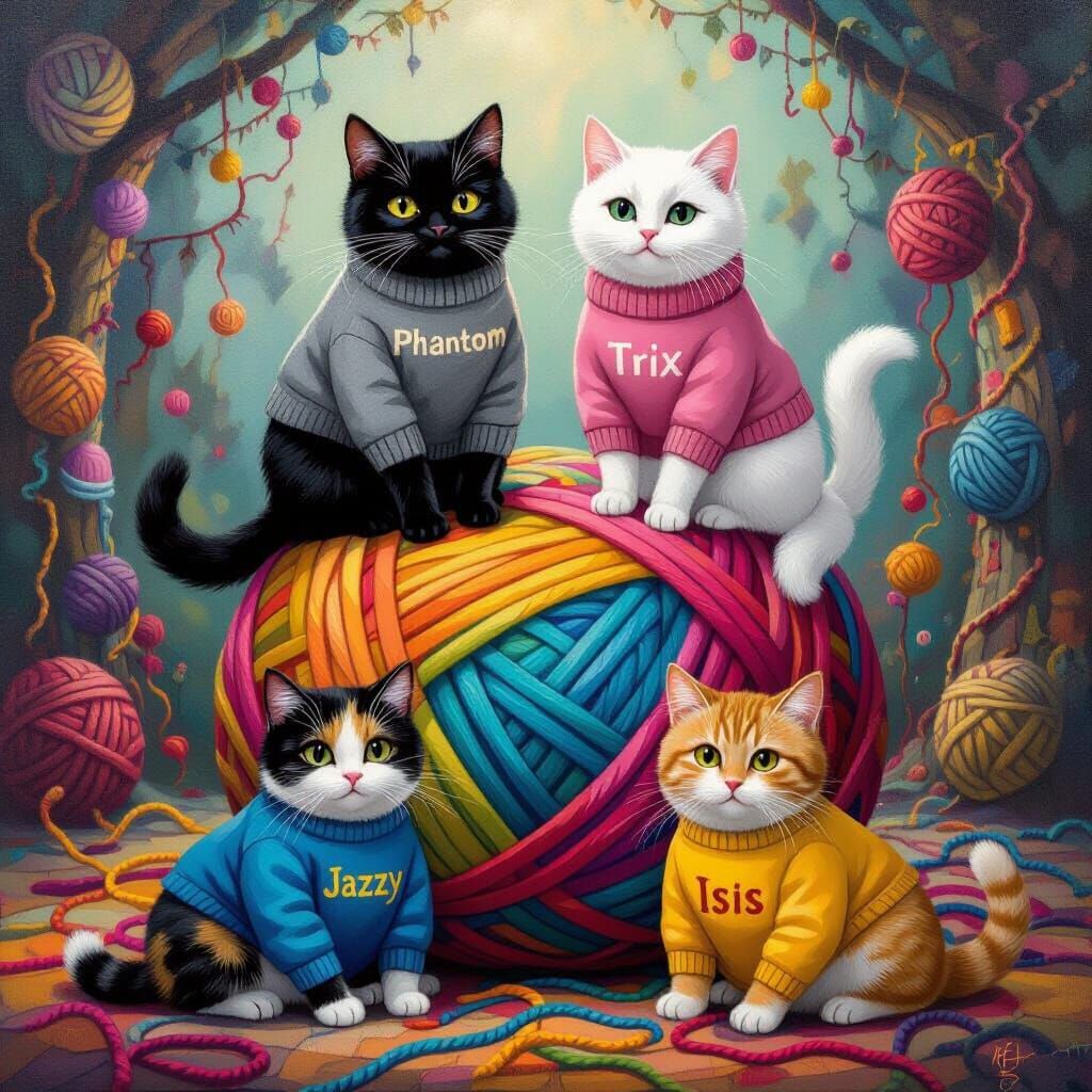 Cats in Yarn Wonderland Adventure Oil Painting