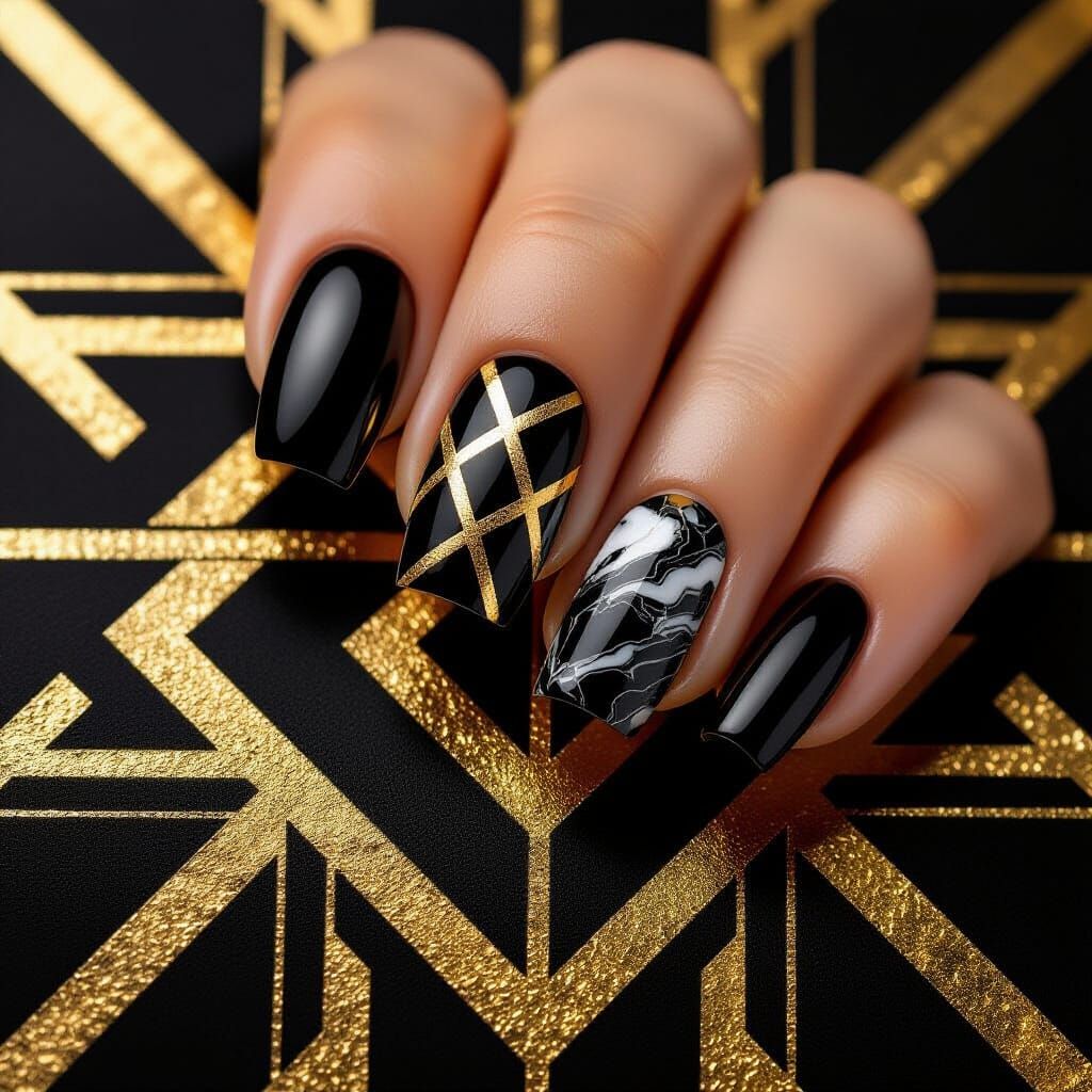 Art Deco Nail Art: Black Marble with Gold Stripes