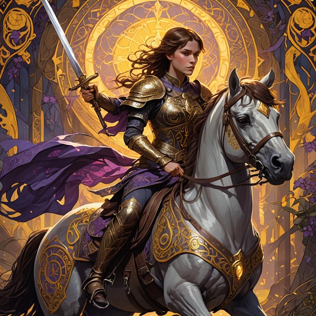 Female Warrior on Rearing Horse, Dark Fantasy Art