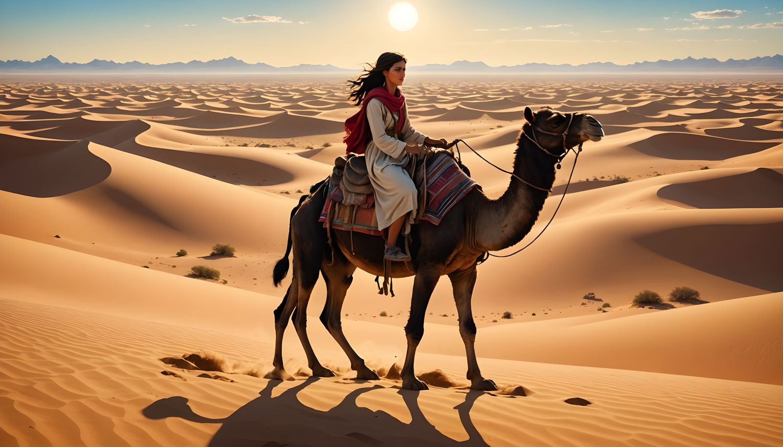 Young Bedouin Girl Rides Camel in Desert Landscape