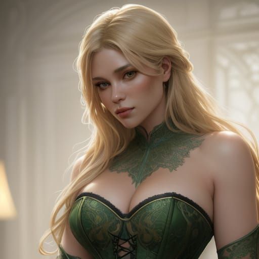 Seductive Blonde Woman in Green Lace Corset