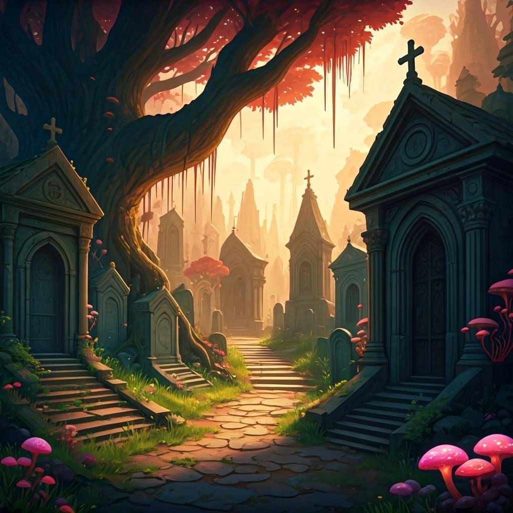 Whimsical Fantasy Cemetery with Glowing Mushrooms
