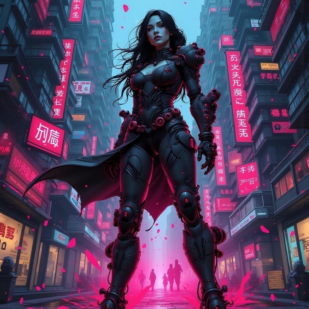 Cyber Sentinel Patrolling Neo-Tokyo in Cyberpunk Style