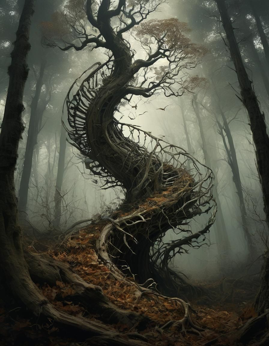 Spinal Tree Skyward View in Horror Style