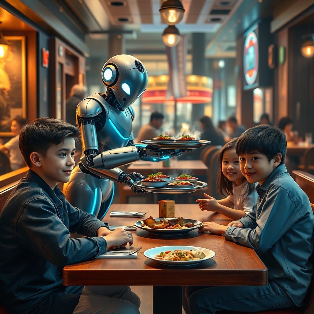 Robot Server in Cozy City Restaurant