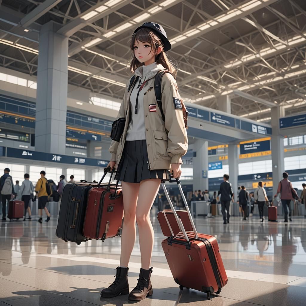 Anime Girl Arriving at Airport with Luggage