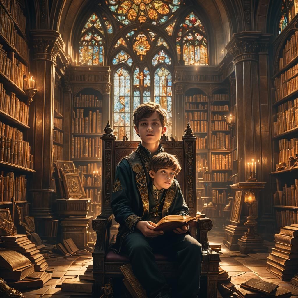 Boy on Throne in Ornate Gothic Library