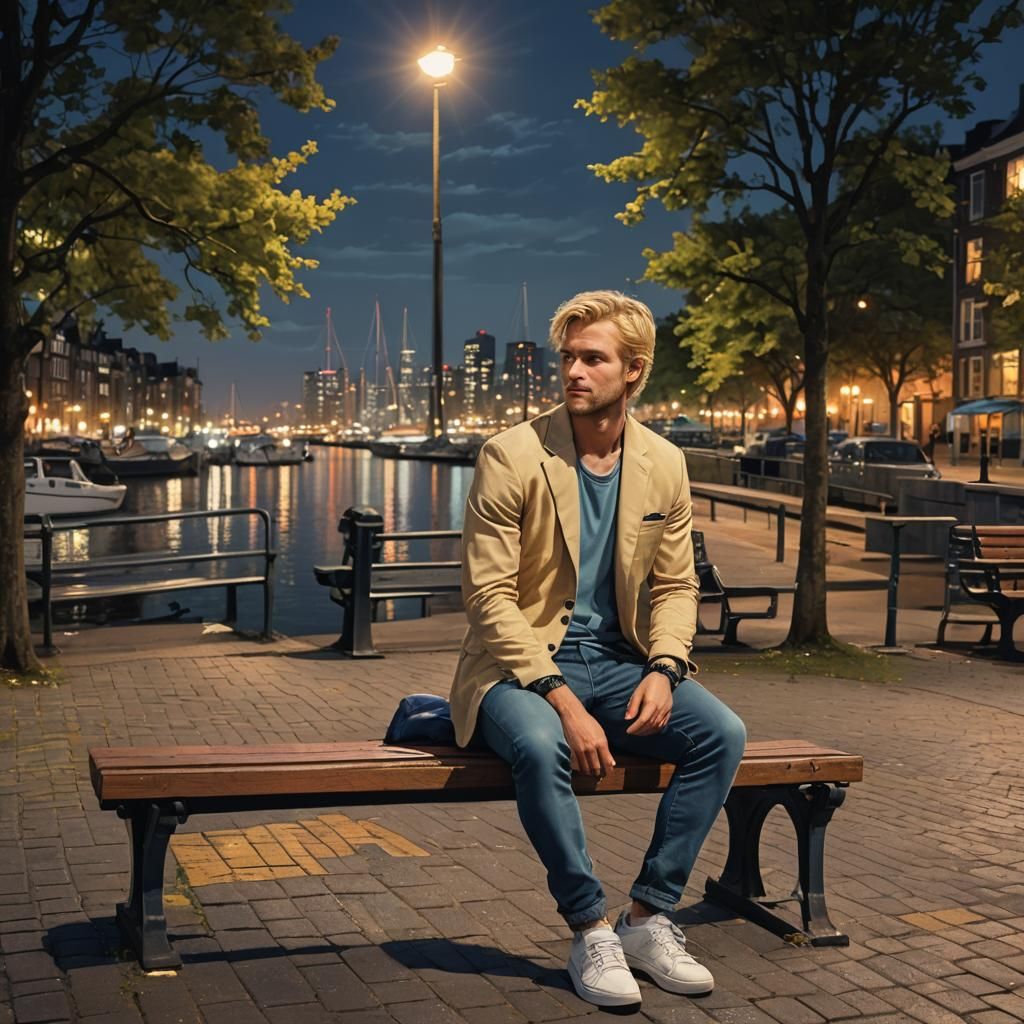 Man on Bench at Harbor in Vibrant Oil Painting Style