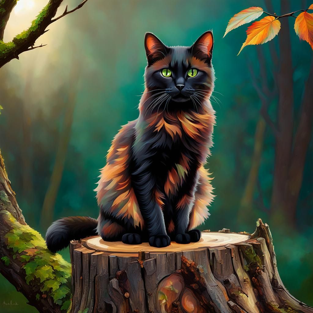 Mystical Realism Cat Portrait in Autumn Landscape
