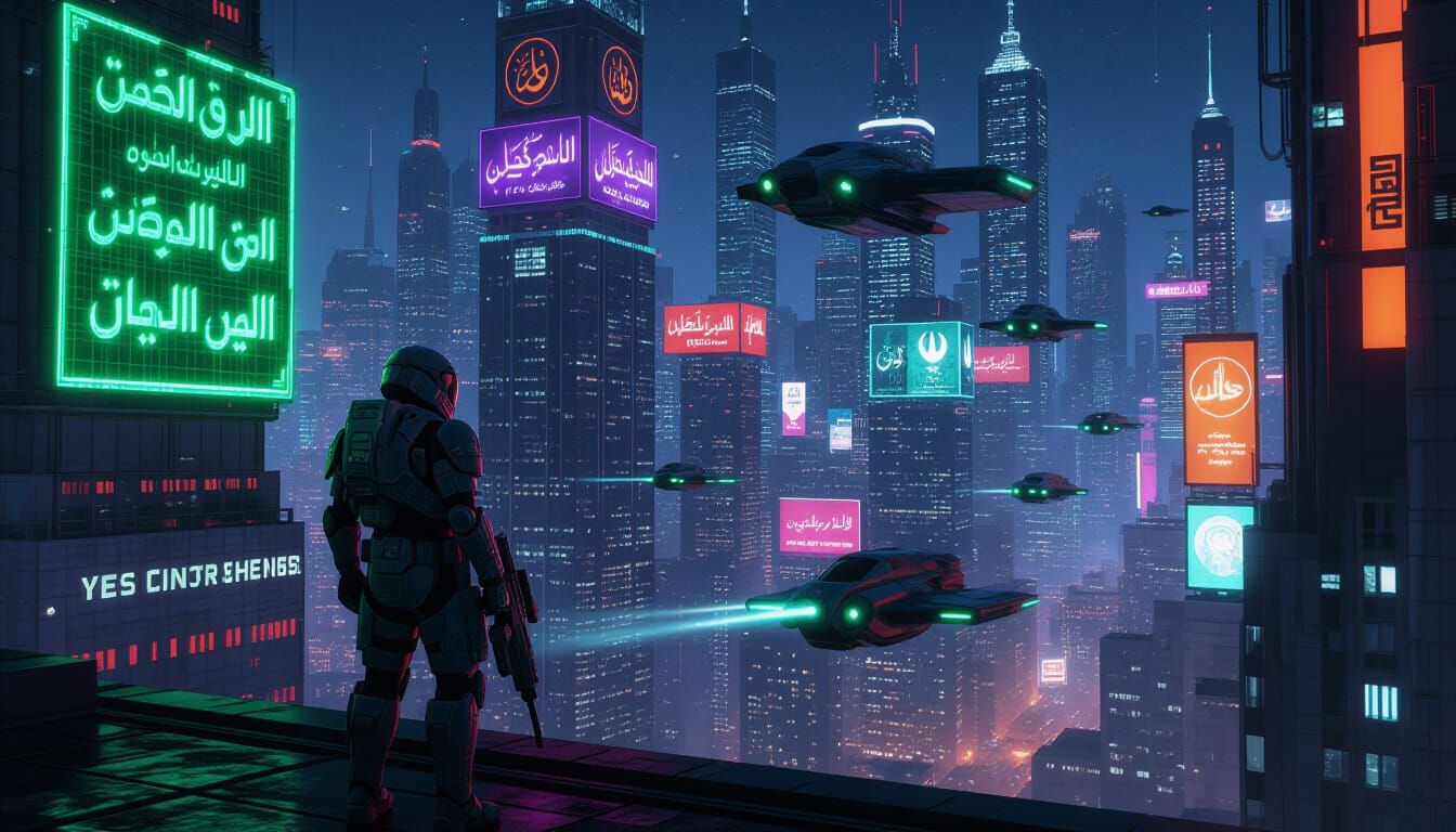 Cyberpunk Cityscape with Muslim Space Marine