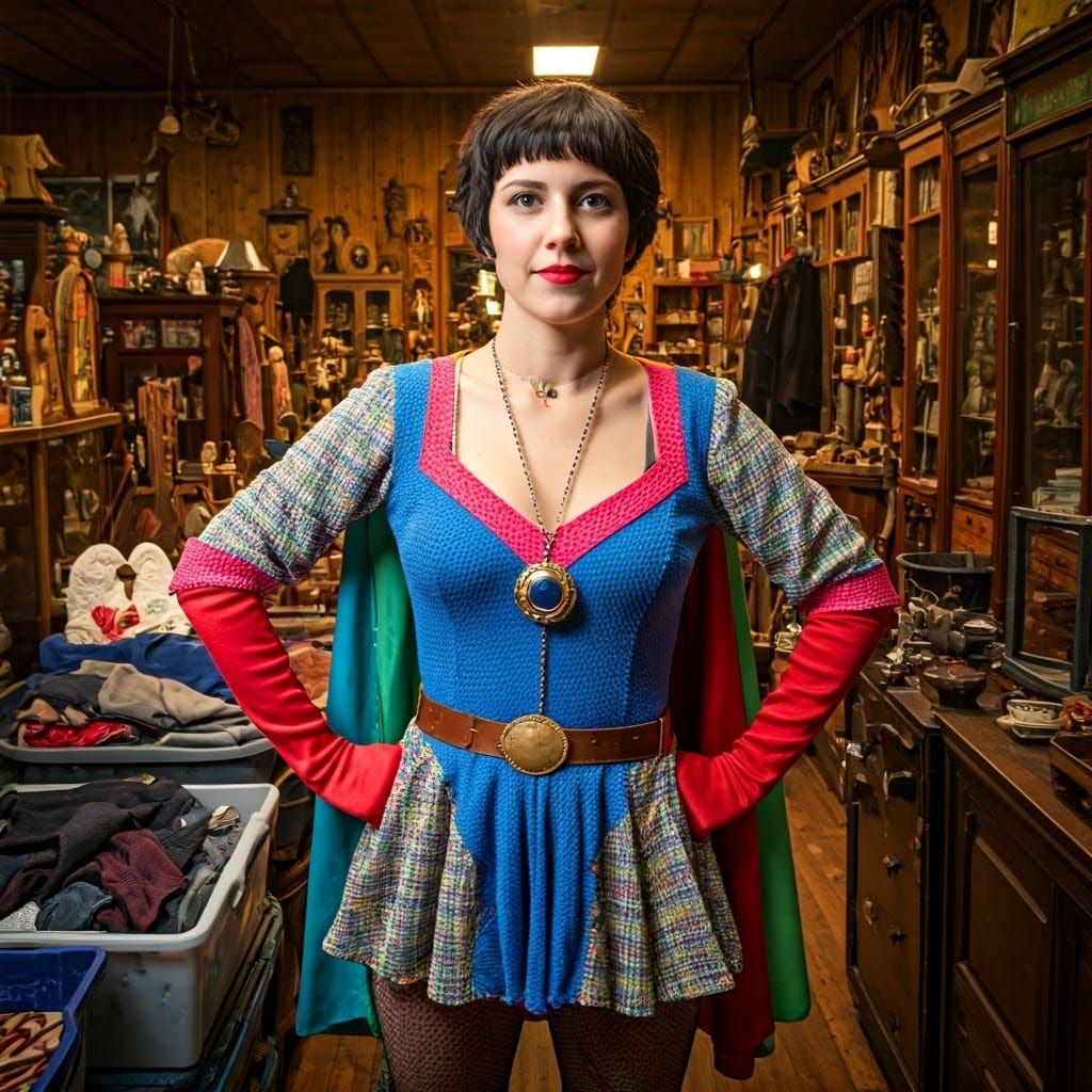 Whimsical Rainbow Librarian Heroine in Cozy Vintage Shop