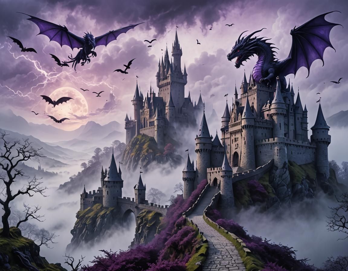 Mythical Castle with Dragon in Misty Landscape