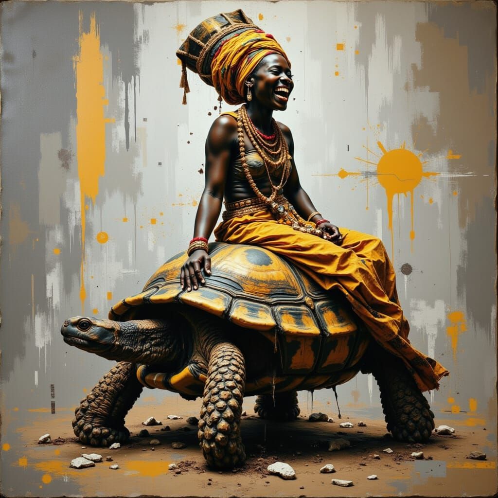 Laughing Nubian Queen Rides Royal Turtle