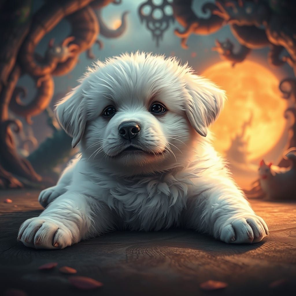 Whimsical White Puppy in Dreamlike Landscape