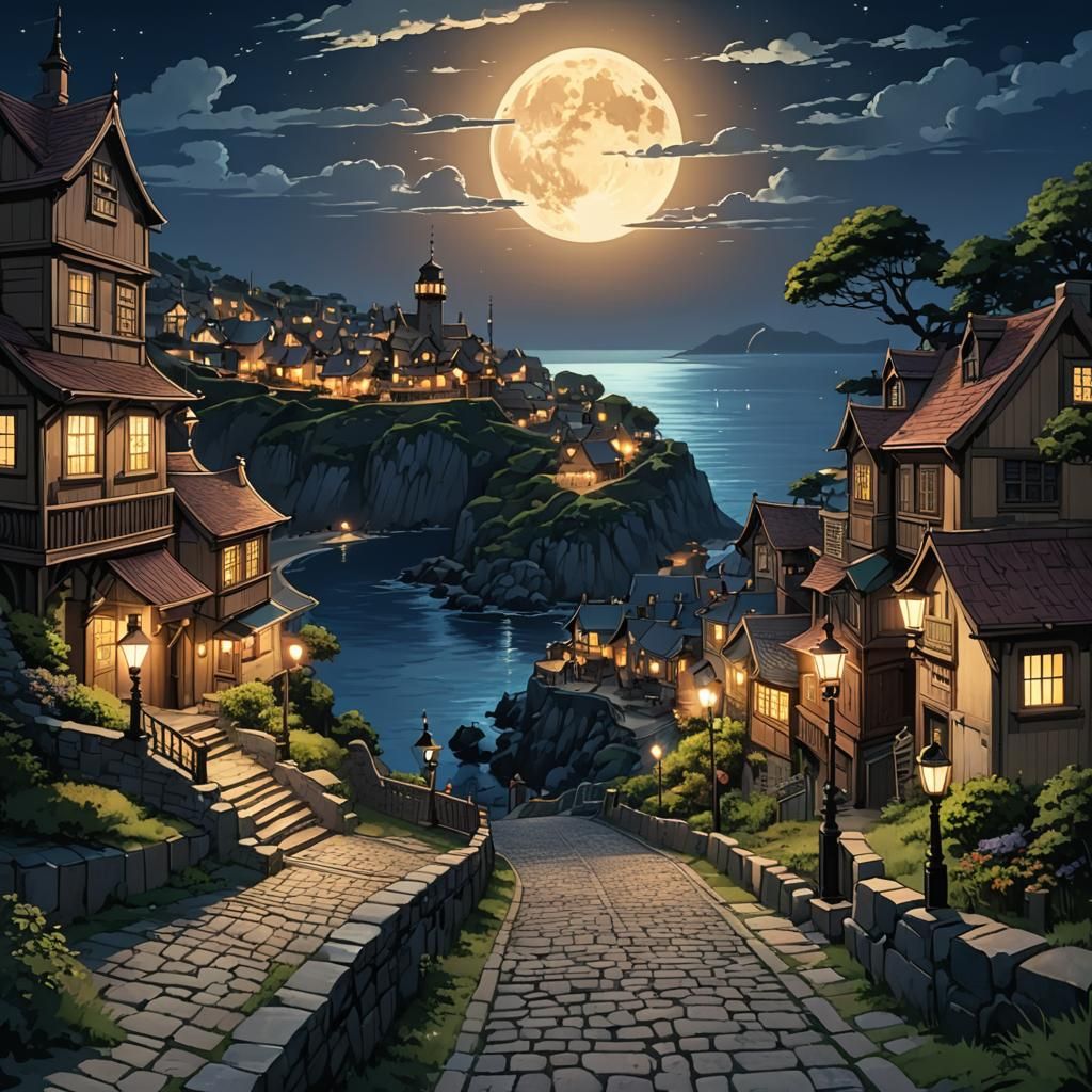 Edwardian Village by the Sea in Anime Style