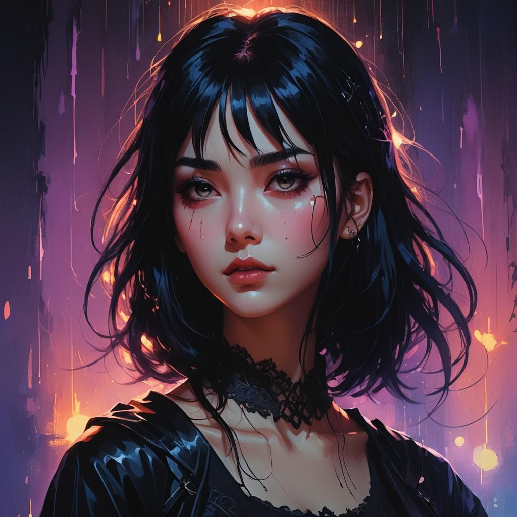 Eerie Gothic Girl Portrait in Anime-Inspired Style