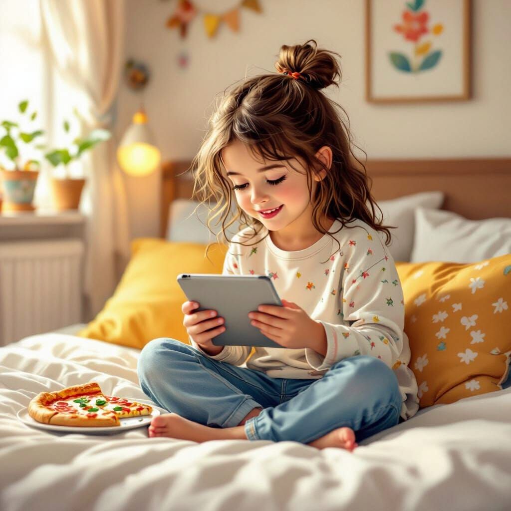 Girl Relaxing with Pizza and Tablet, Cartoon Style
