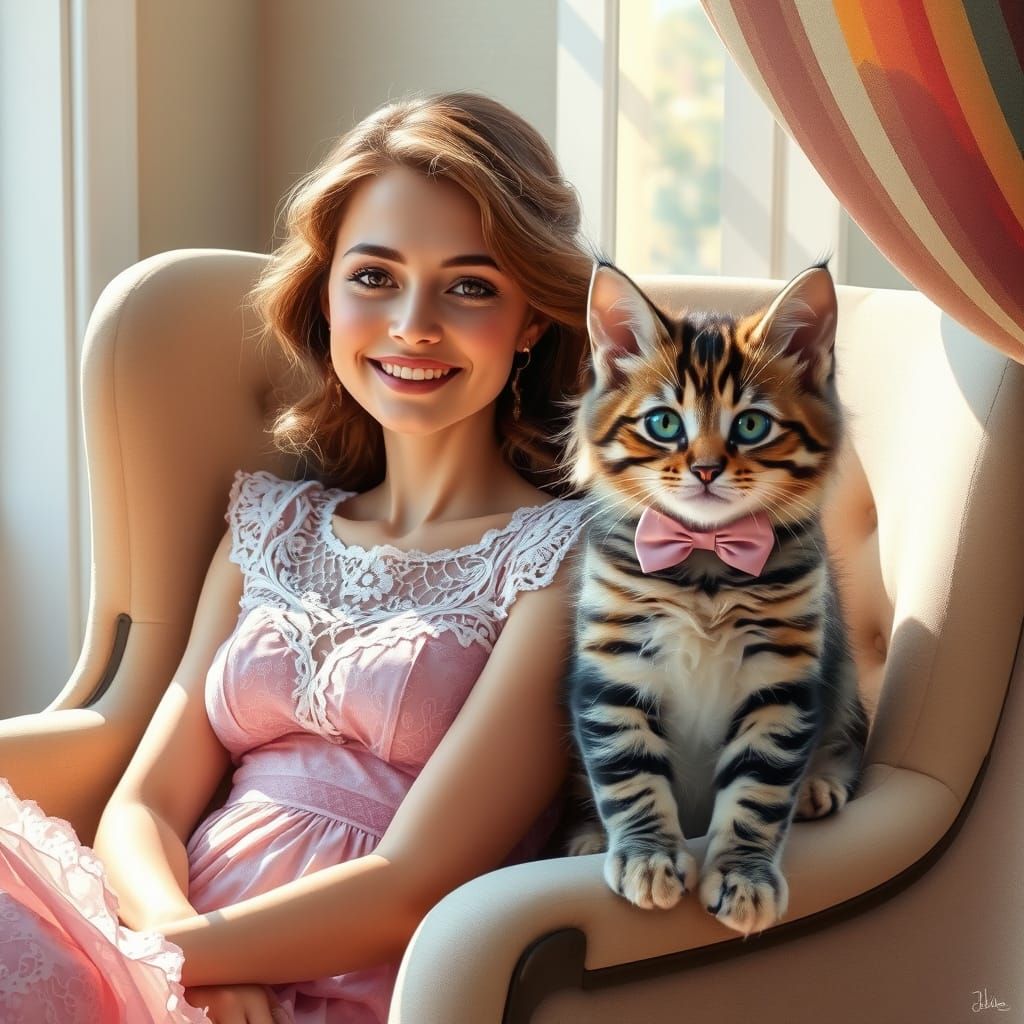 Woman in Lace Dress with Kitten, Digital Watercolor Art