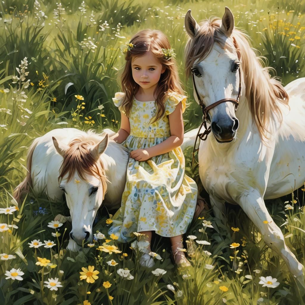 Girl on White Horse in Lush Meadow, Fantasy Art