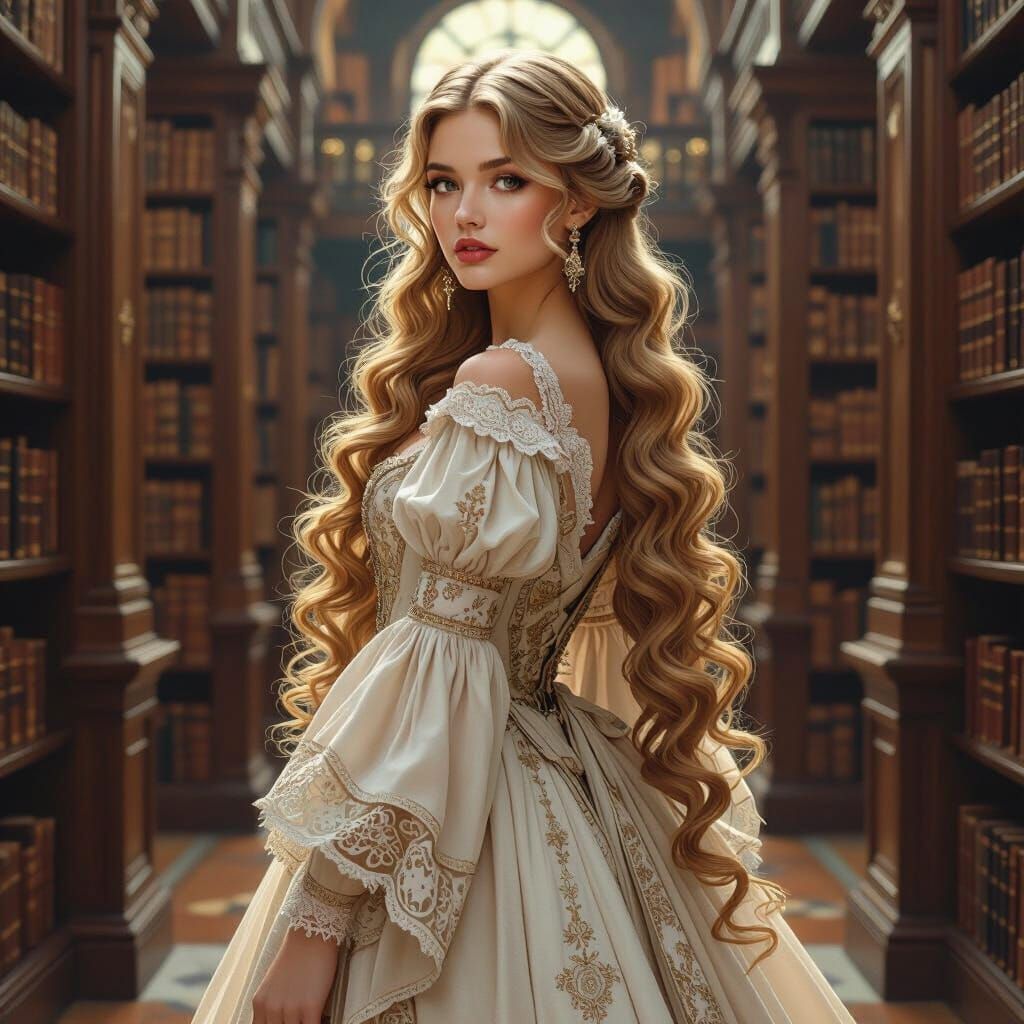 Blonde Woman in Vintage Gown in Grand Library