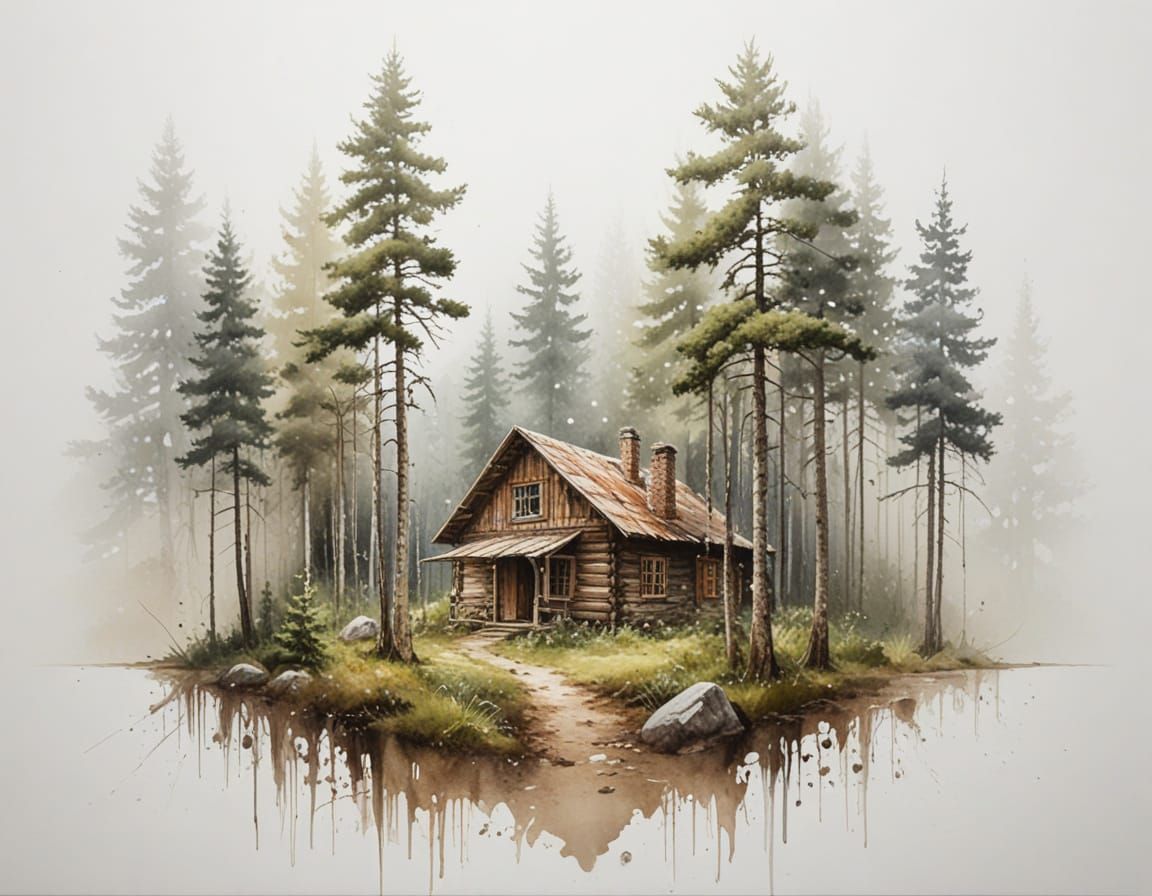 Enchanted Foggy Forest Cabin with Glowing Mist
