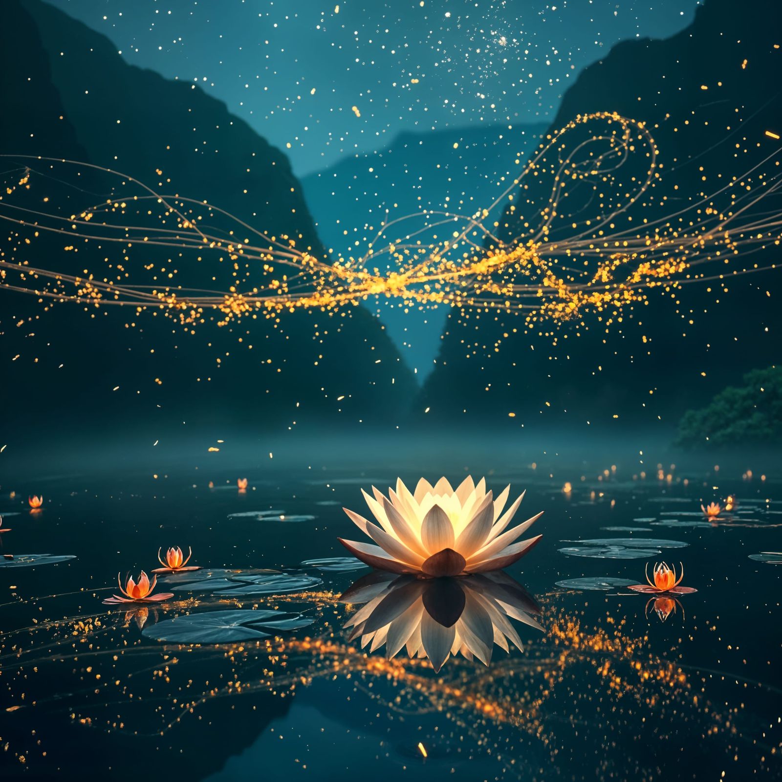 Surreal Magical Valley Scene with Lotus Flower and Fireflies