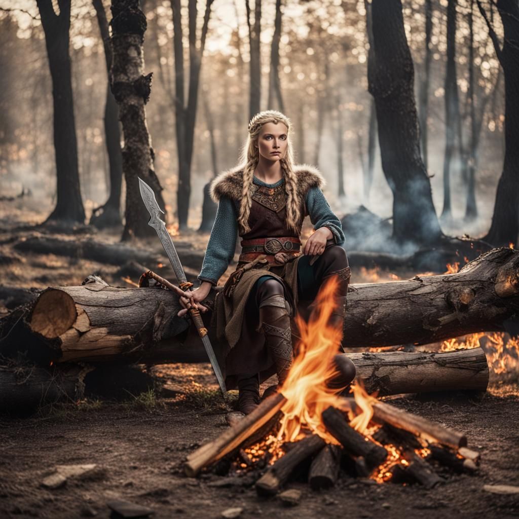 Viking Woman Prepares for Battle by Firelight