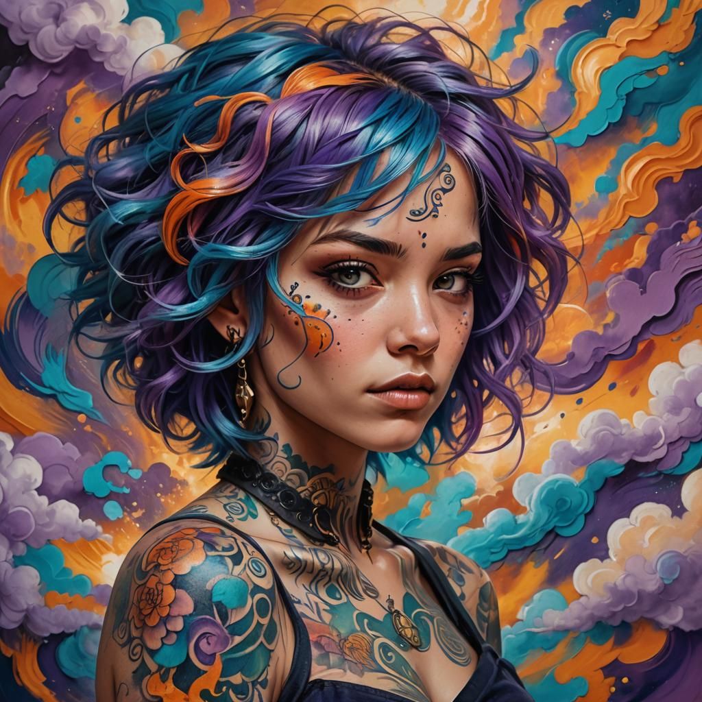 Dreamlike Acrylic Portrait with Blue Hair in Macro