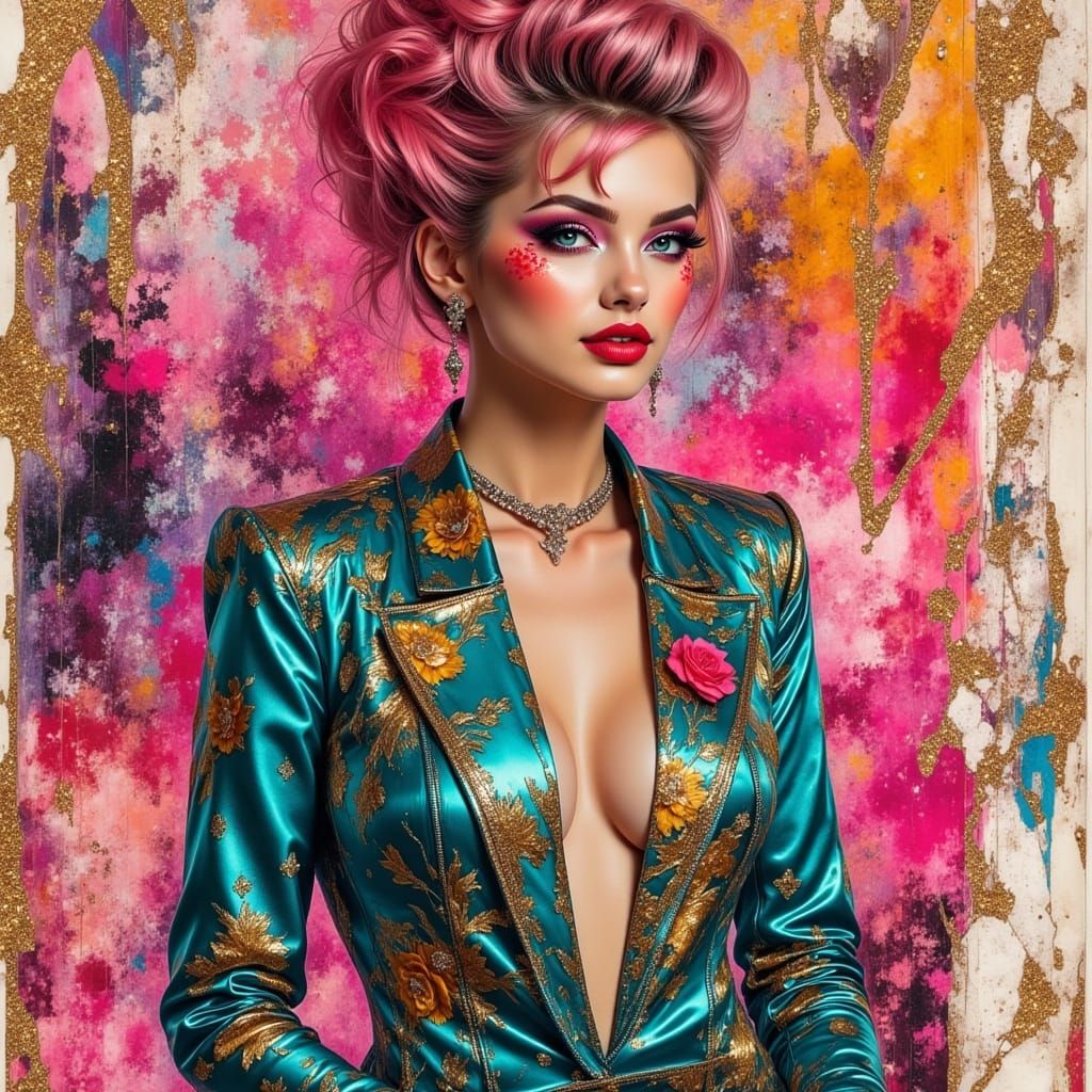 Glamorous Woman with Wild Hair and Neon Makeup