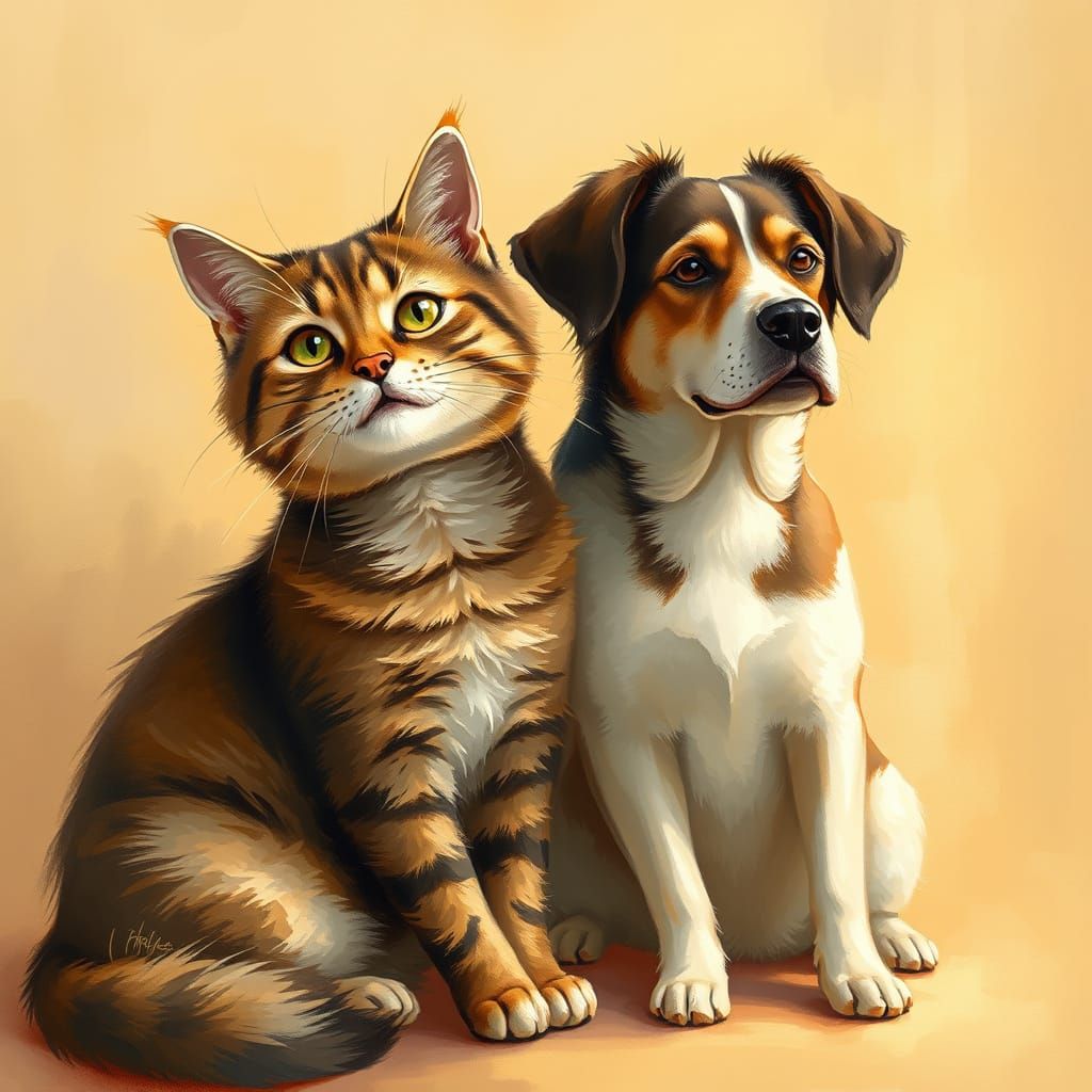 Serenely Posing Feline Friend Beside Faithful Canine Compani...