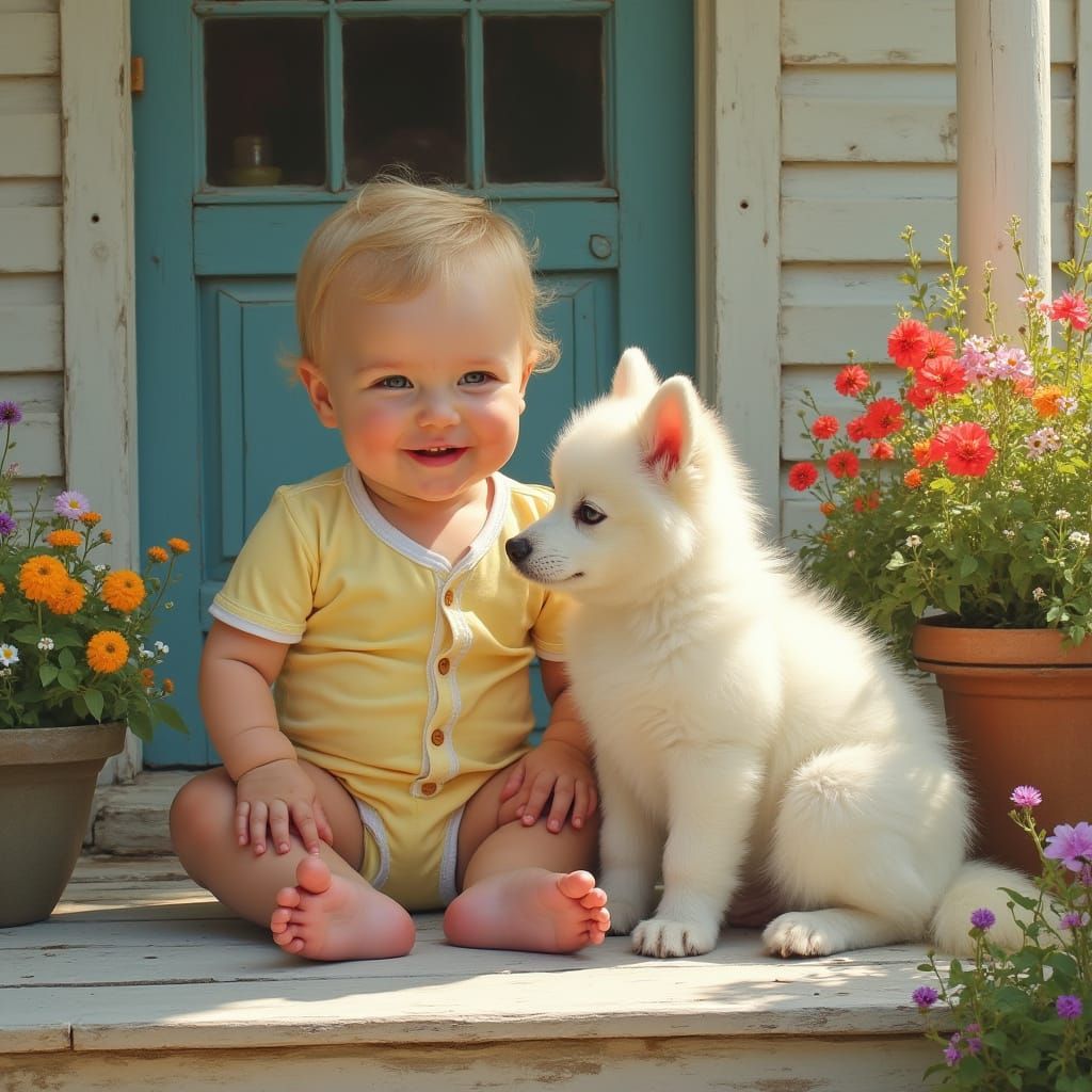 Baby and Dog on Porch in Impressionist Style