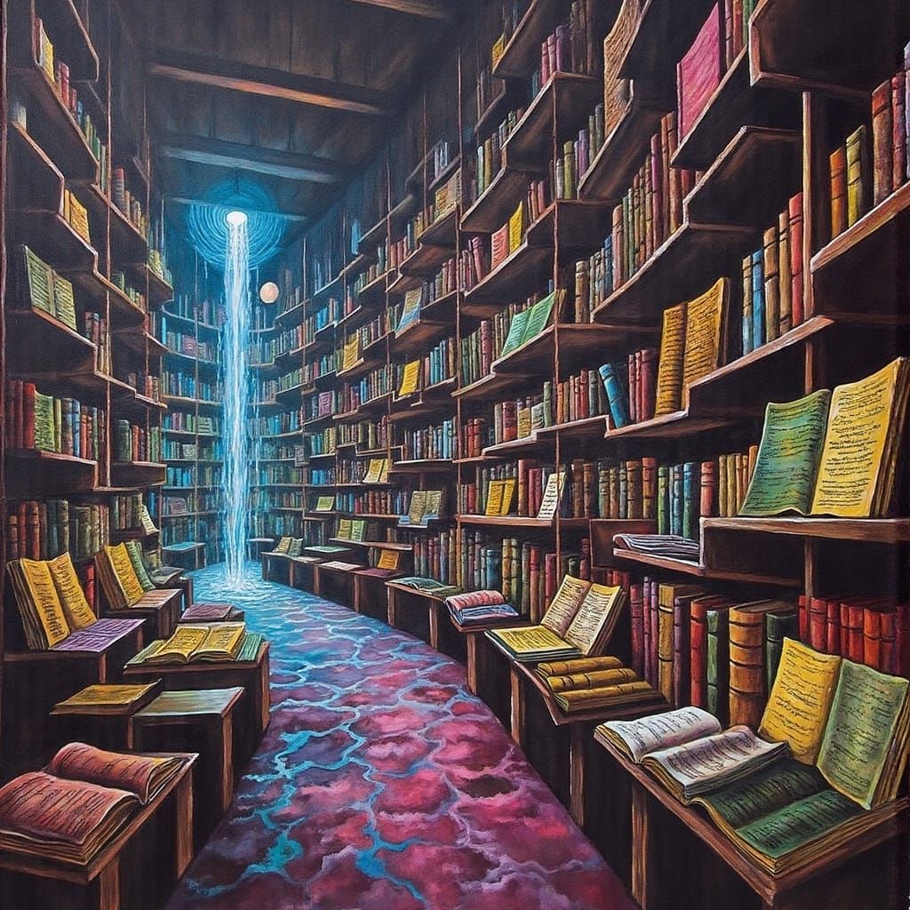 Futuristic Library with Holographic Screens in Cyberpunk Sty...