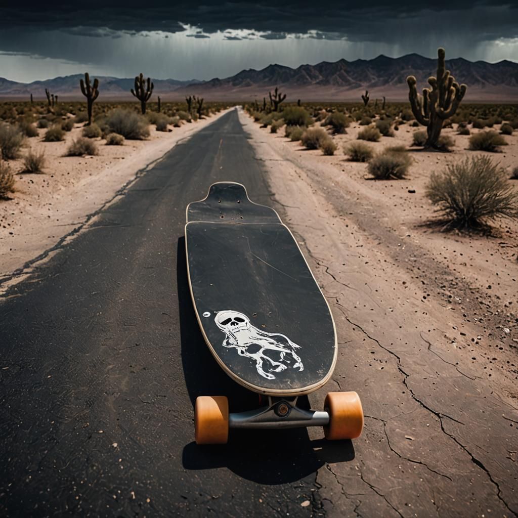 Eerie Desert Road: Skateboard and Ghost