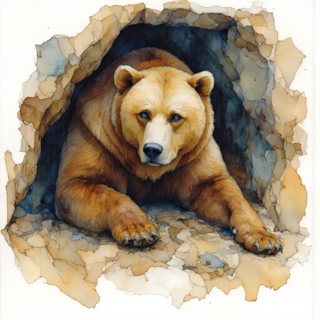 Brown Bear Emerging from Cave in Watercolor Style