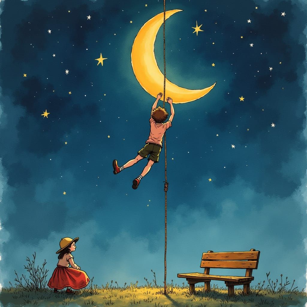 Whimsical Watercolor of Daredevil Climbing the Moonlit Rope