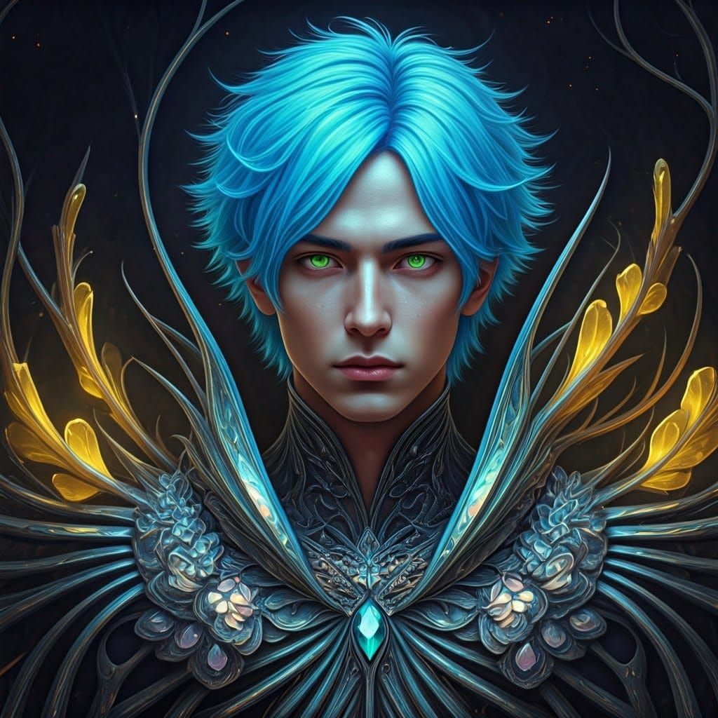 Ethereal Neon Blue-Haired Male in Surrealist 3D Rendering