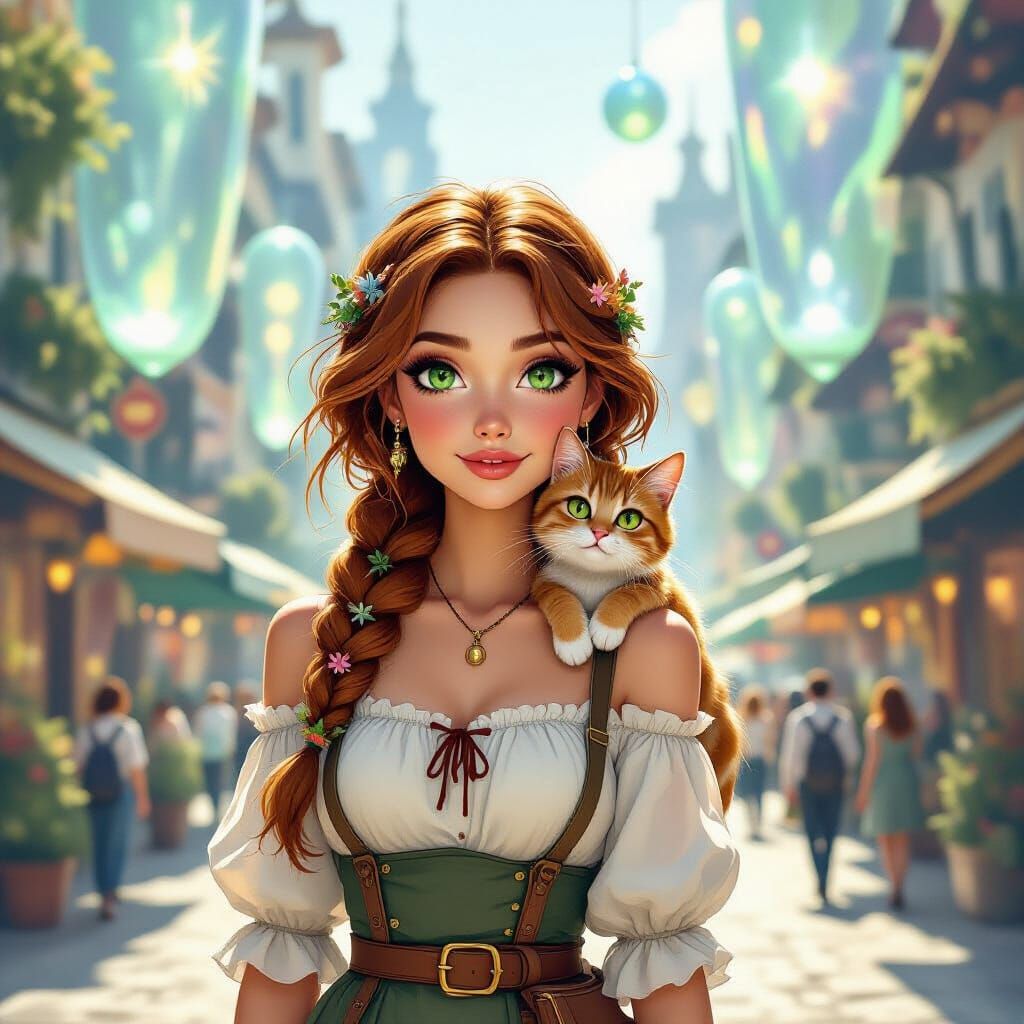 Retro-Futuristic Marketplace Scene with Woman and Cat