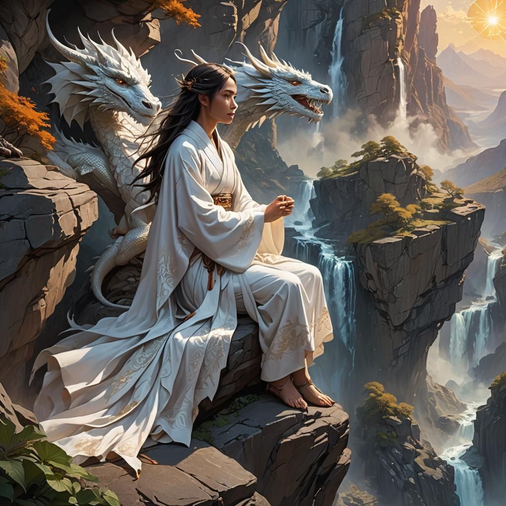 Girl and Dragon Fantasy Art Waterfall Scene
