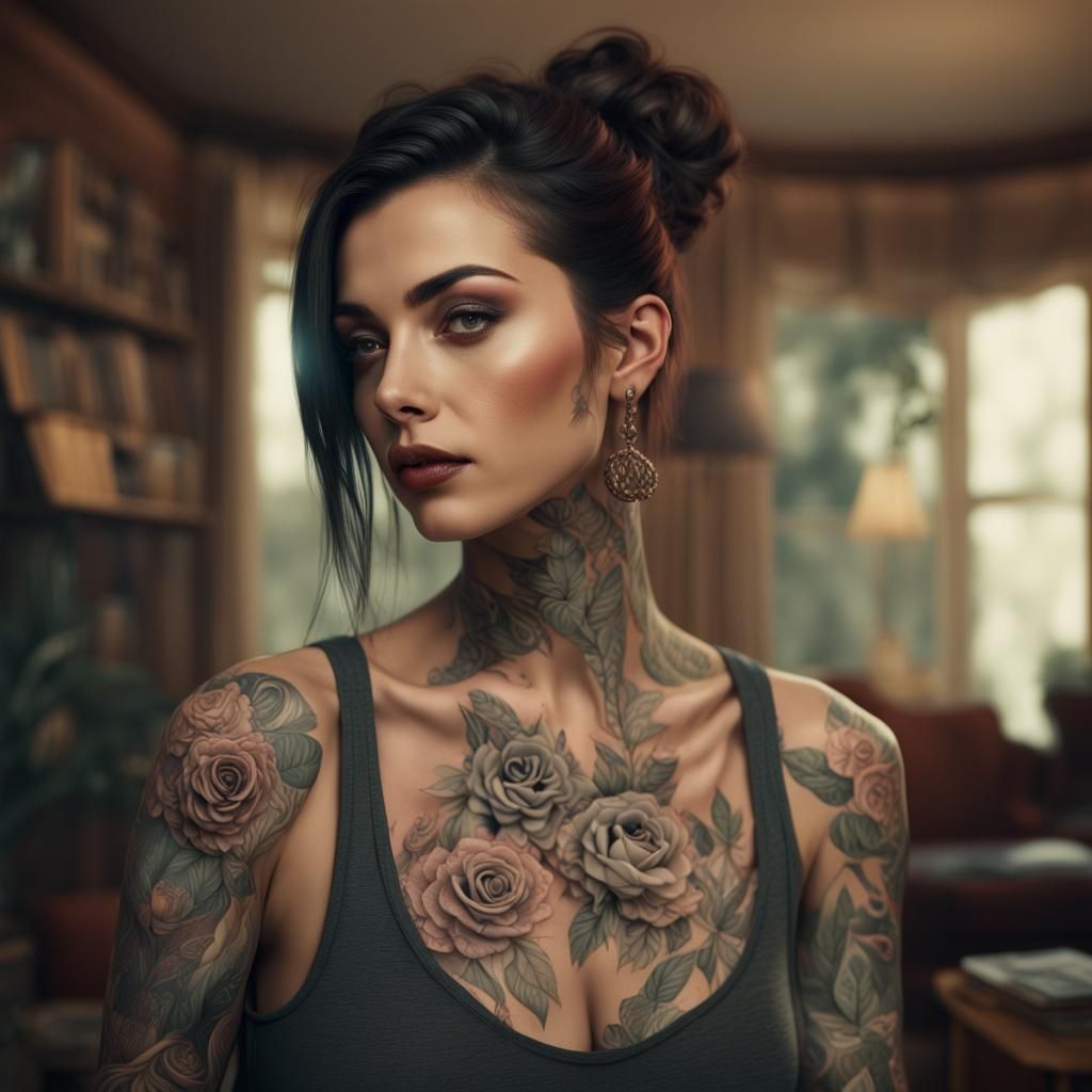 Brunette Woman Portrait with Tattoos in Detailed Matte Paint...