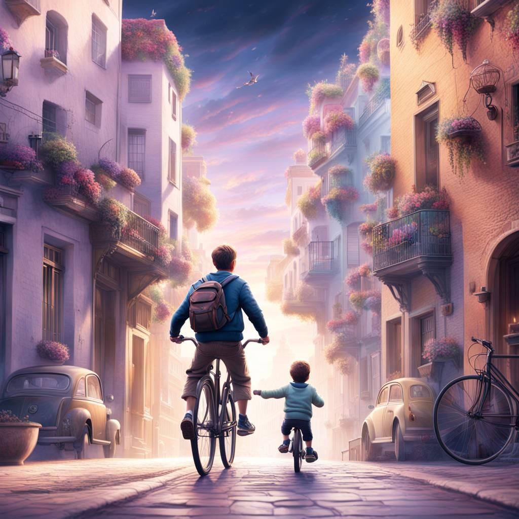 Father Teaching Son to Ride Bike: Digital Matte Painting