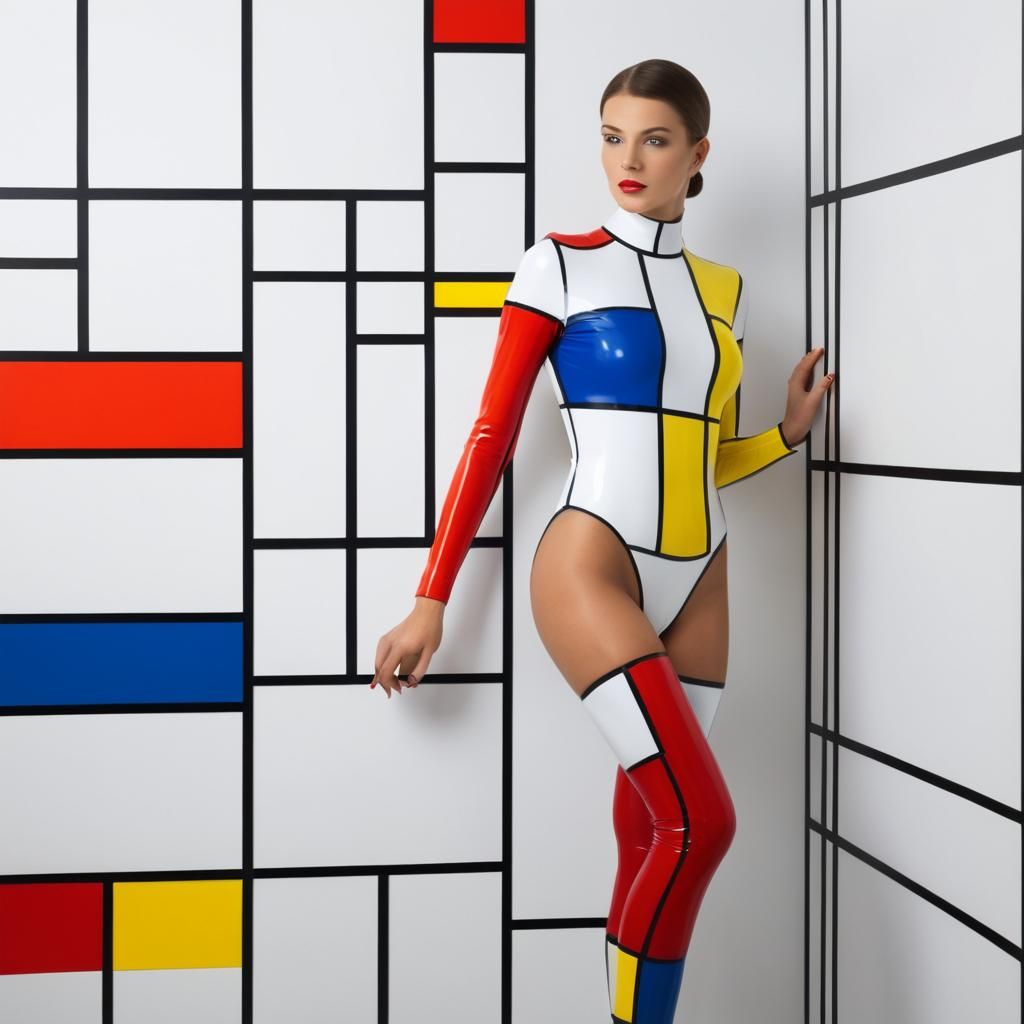 Bild 3/4 zeigt eine Frau der Piet Mondrian-Art.