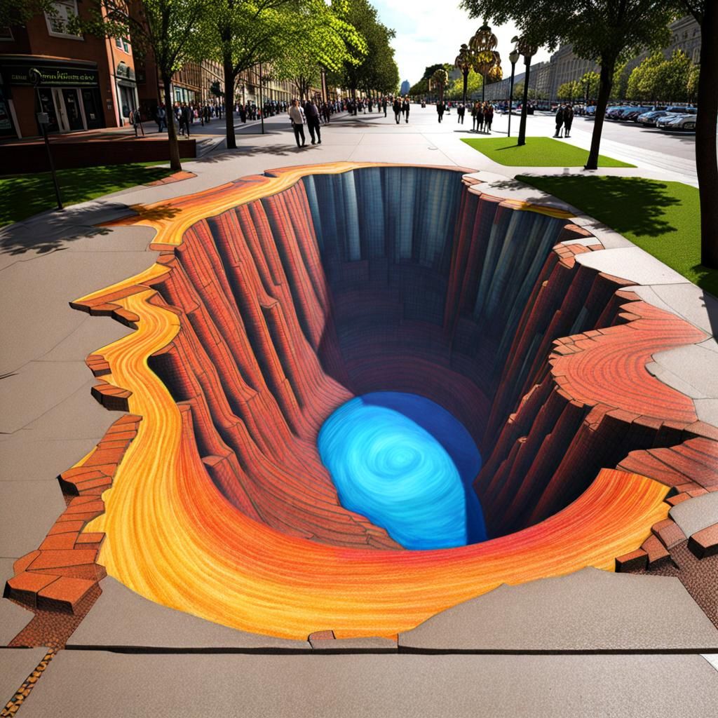 3D Crayon Art Illusion of Sinkhole on Sidewalk